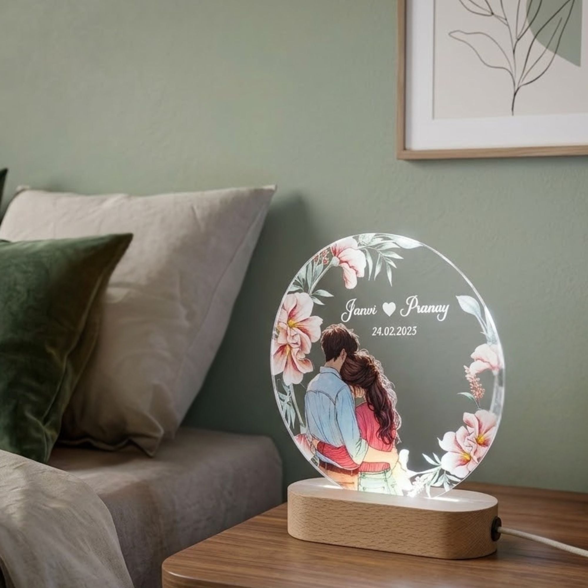 Shayona Gift Shop-Personalized LED Round Acrylic Lamp for Couple | Custom Name & Date | Romantic Gift with Wooden Base