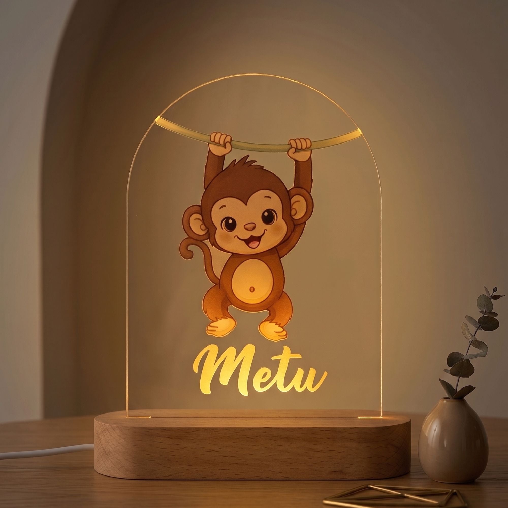 Shayona Gift Shop-Custom Name Kids Night Light - Personalized Cute Monkey LED Acrylic Lamp with Wooden Base, Warm White Cartoon Nursery Light, Unique Birthday & New Born Baby Gift