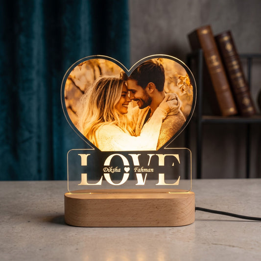 Shayona Gift Shop -Personalized Heart Photo Acrylic LED Light Lamp with Custom Names & Wooden Base – Romantic Gift for Anniversary, Birthday, & Valentine’s Day