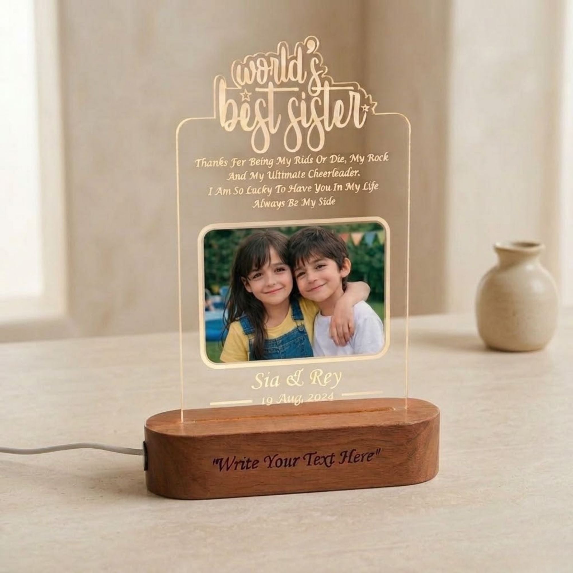 Shayona Gift Shop- Soul Sister Personalized 3D Illusion Led Photo Lamp Multicolor with Remote Control Gift for Sister on Rakshabandhan, Rakhi, Birthday, Sisters day and many other special occasions (28*18 CM) (Dear Sister)