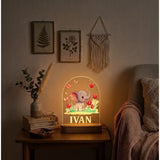 Custom Name Cartoon Elephant Arch Acrylic LED Lamp with Wooden Base | Personalized 3D Nightlight, Warm Bedside Table Decorative Light for Children’s Room, Unique New Born Gift