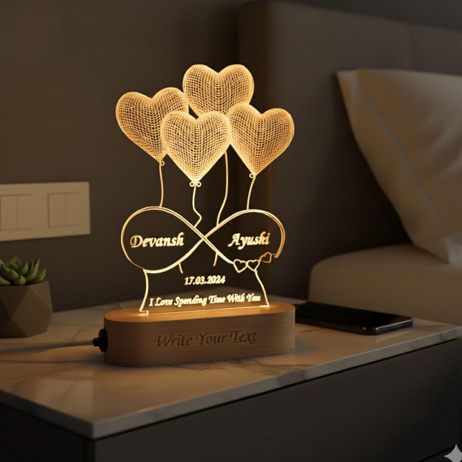 Shayona Gift Shop-Personalized 3D Heart Balloons & Infinity Symbol Acrylic LED Lamp – Custom Couple Names, Date & Wooden Base Engraved Night Light