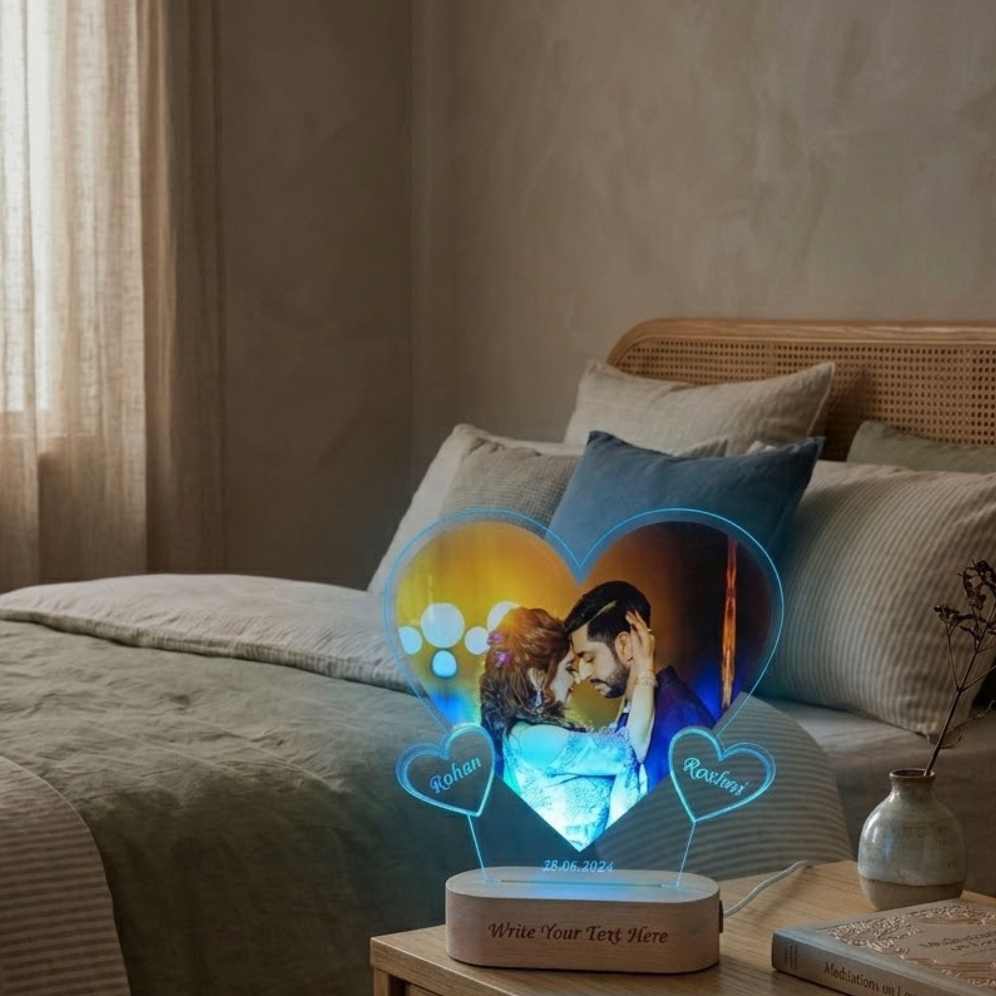 Shayona Gift Shop-Personalized Glowing Heart Photo Acrylic LED Lamp – Custom Couple Names & Wooden Base Engraved Night Light Keepsake