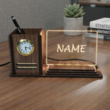 Shayon Gift Shop-Personalized LED Name Plate Desk Organizer with Pen Stand and Analog Clock - Premium Wooden Office Accessory & Corporate Gift