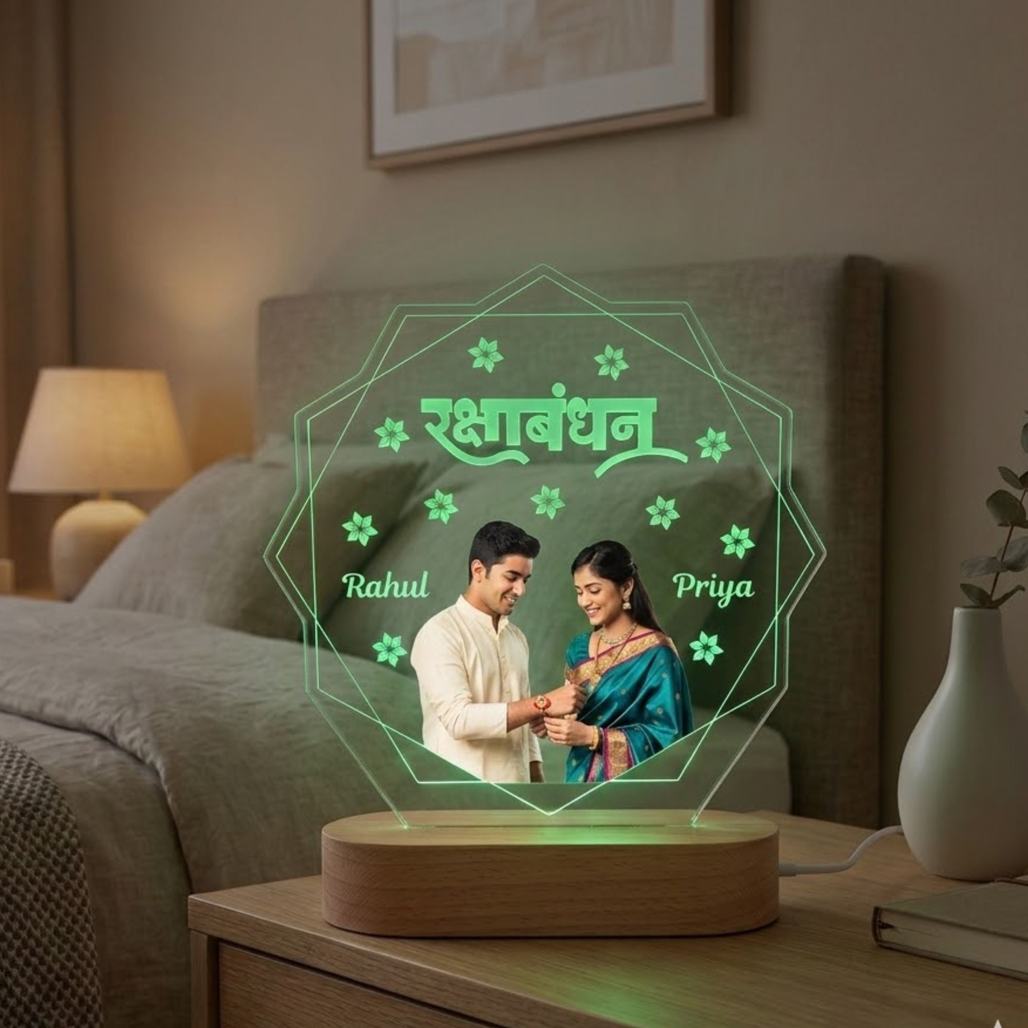 Shayona Gift Shop-Personalized Rakshabandhan Photo Acrylic LED Lamp with Wooden Base – Custom Brother Sister Photo Geometric Light Plaque for Rakhi, Birthday & Keepsake Gift