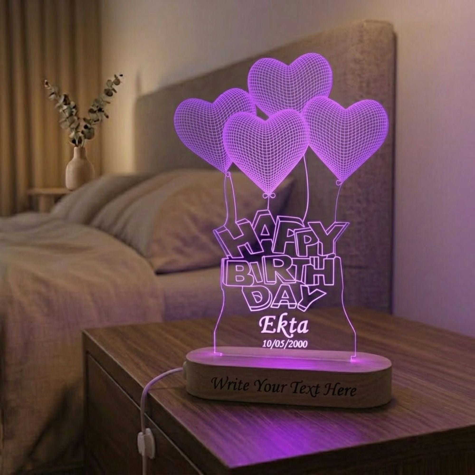 SHAYONA 3D Illusion Table LED lamp | Heart Shape Customized Name Lamp for Birthday,for brother,sister,wife,husband Best Gift for Anyone- Wooden Base muticolor Light. Size : 9x6 inch