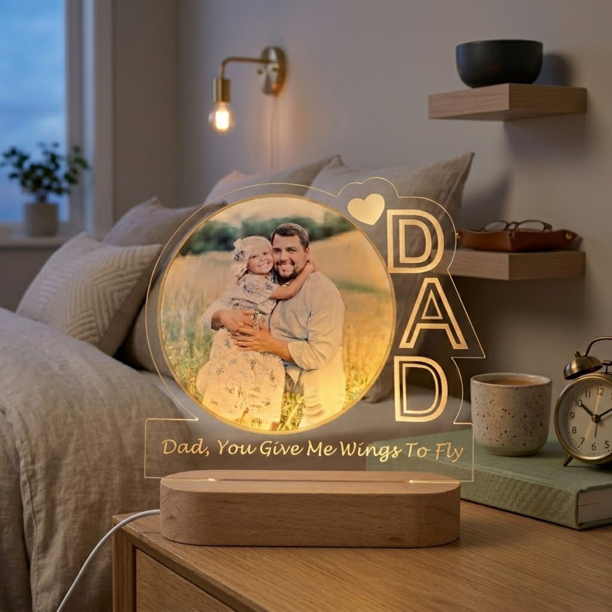 Shayona Gift Shop-Personalized Dad Photo Night Light | Custom Acrylic Plaque for Father's Day | "Dad, You Give Me Wings To Fly" LED Lamp