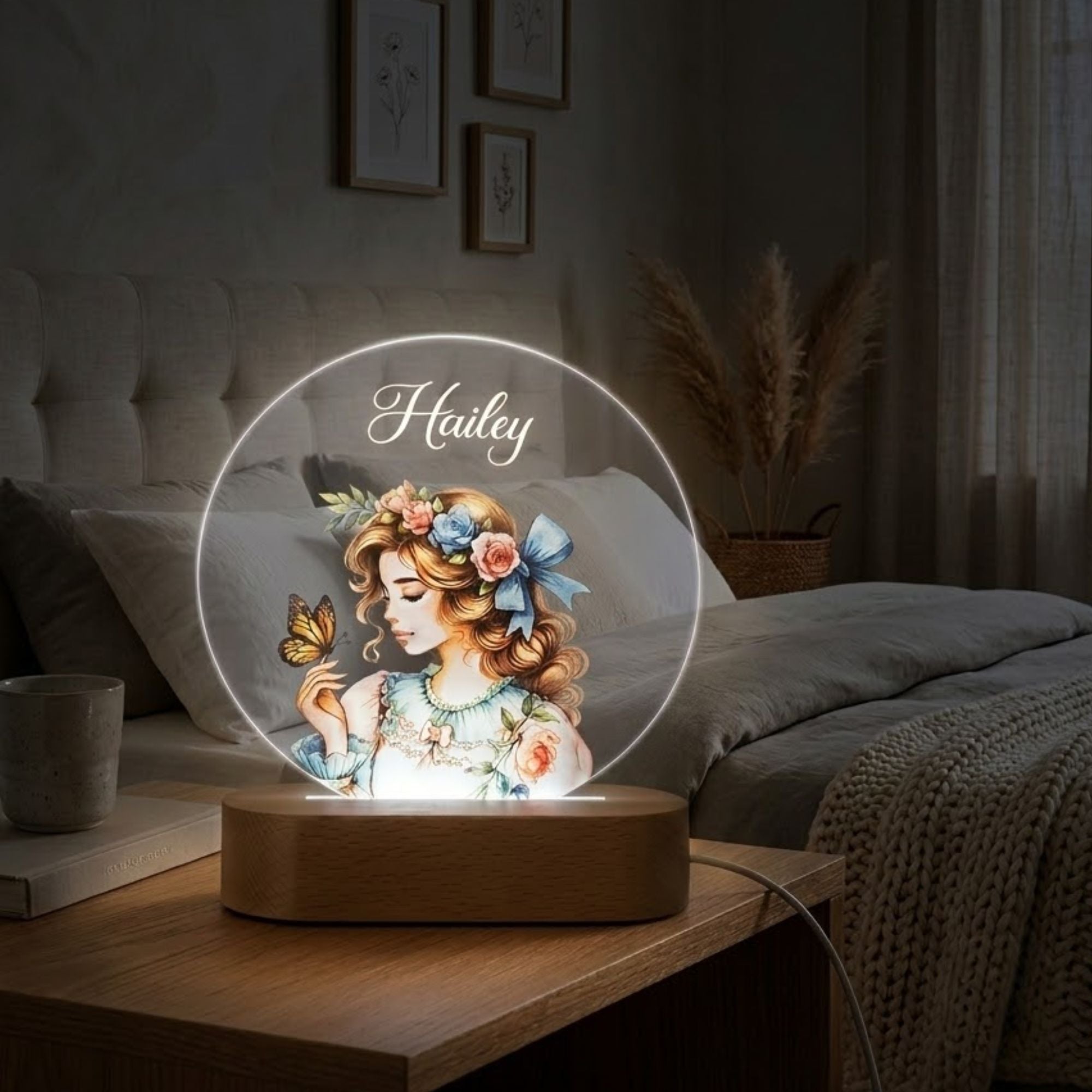 Shayona Gift Shop- Personalized LED Acrylic Night Lamp with Name | Customized 3D Illusion Light for Bedroom Décor | Gift for Girls, Birthday, Anniversary - Hailey Design