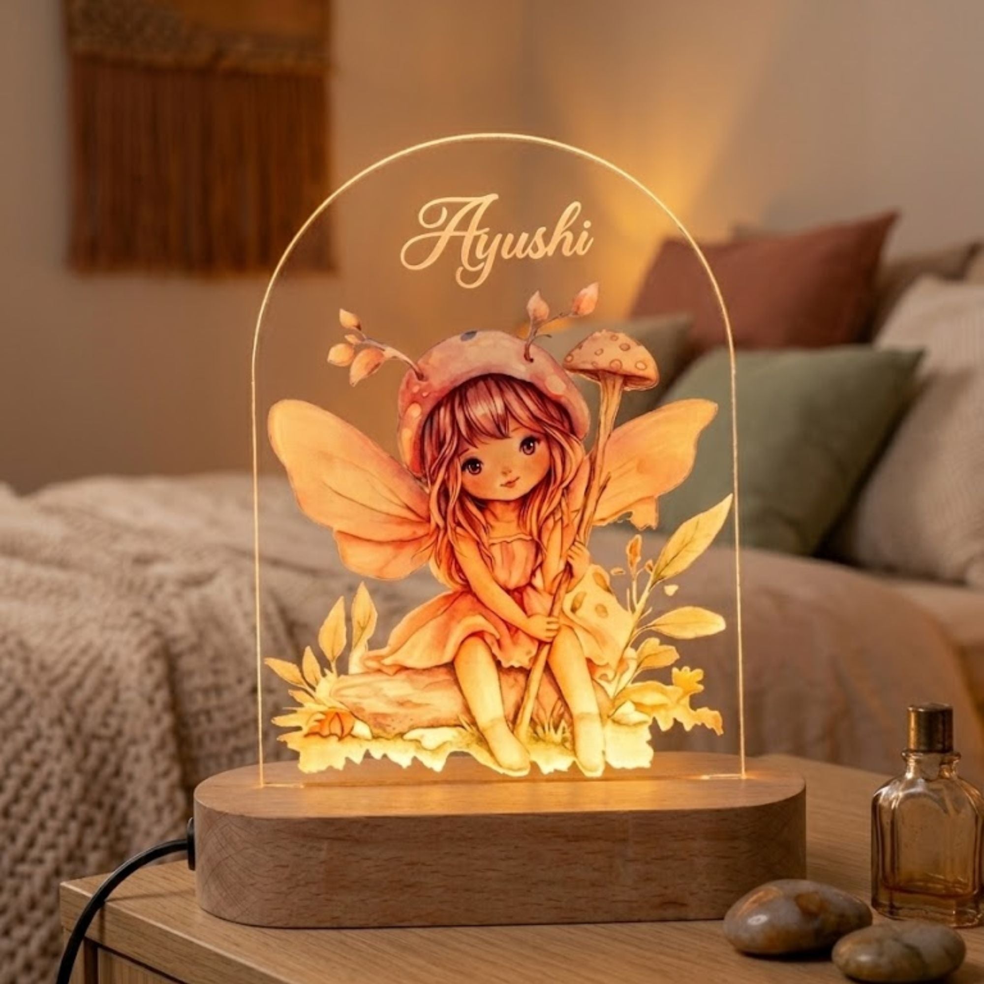 Custom Name Cute Fairy & Mushroom Arch Acrylic LED Lamp with Wooden Base | Personalized 3D Nightlight, Warm Bedside Table Decorative Light for Children’s Room, Unique Birthday Gift