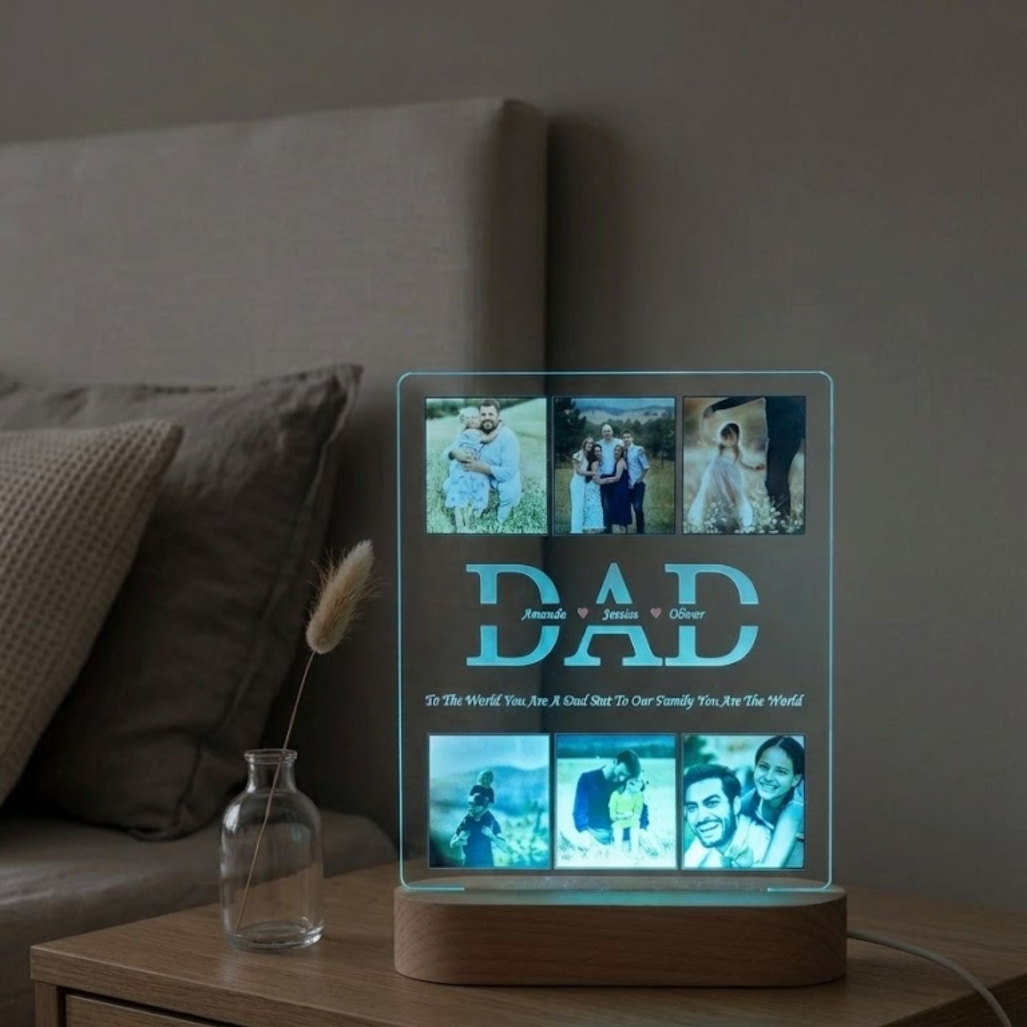 Shayona Gift Shop-Personalized Dad Photo Grid Acrylic LED Night Light | Custom Father's Day Photo Frame Lamp with Children's Names & Wooden Base | Meaningful Gift for Dad & Husband