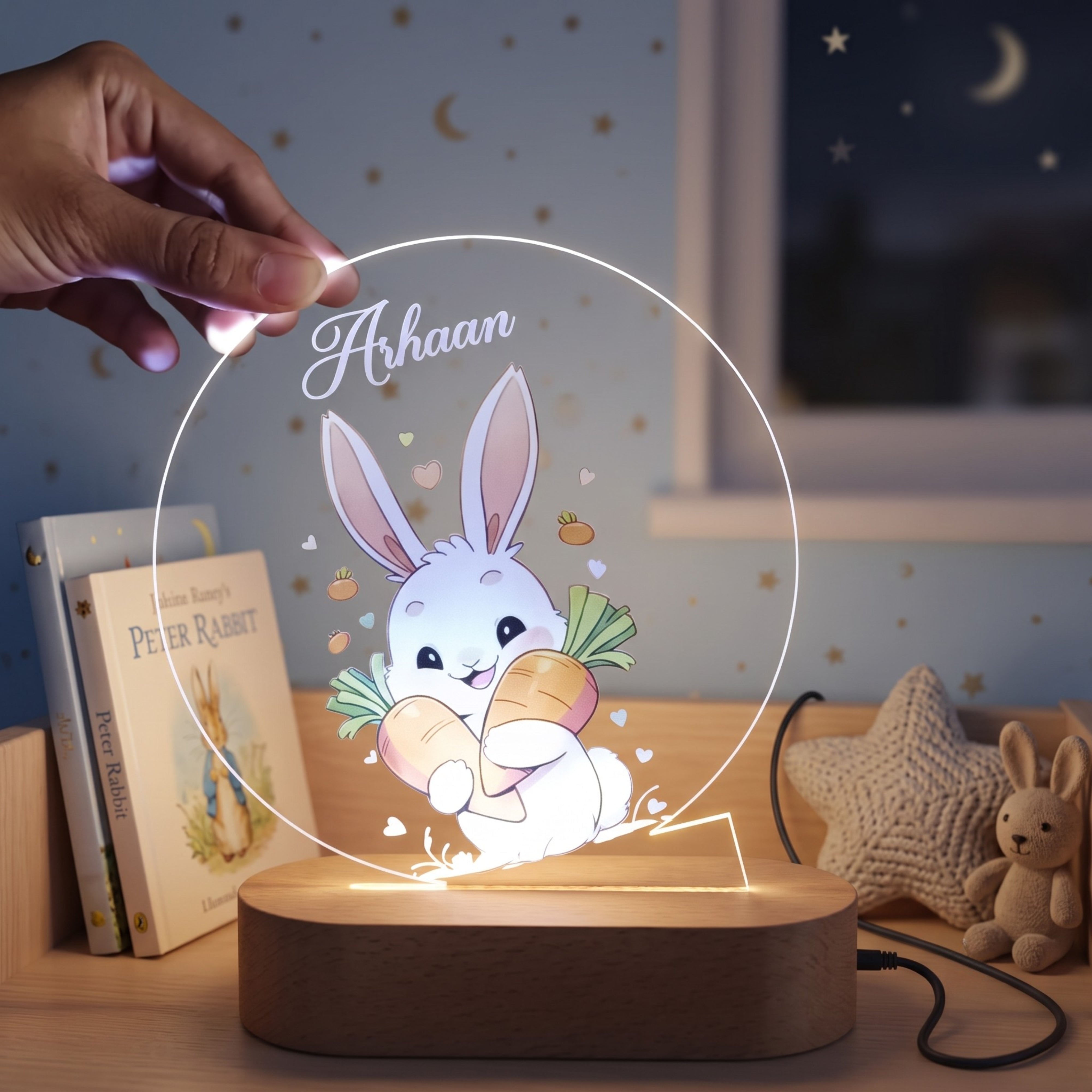 Shayona Gift Shop-Personalized Bunny Night Light for Kids – Custom Name Cute Easter Bunny Acrylic LED Nursery Lamp with Wooden Base, Kids Bedroom Nightstand Decor & Baby Gift