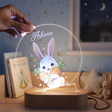 Shayona Gift Shop-Personalized Bunny Night Light for Kids – Custom Name Cute Easter Bunny Acrylic LED Nursery Lamp with Wooden Base, Kids Bedroom Nightstand Decor & Baby Gift