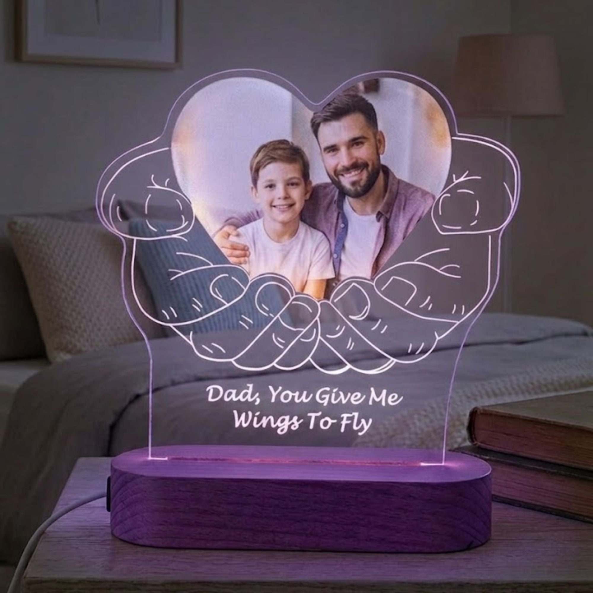 Shayona Gift Shop-Personalized Custom Photo Night Light for Dad – 3D Hands Holding Heart LED Acrylic Lamp with Wooden Base, Engraved Picture & Custom Message, Meaningful Father's Day