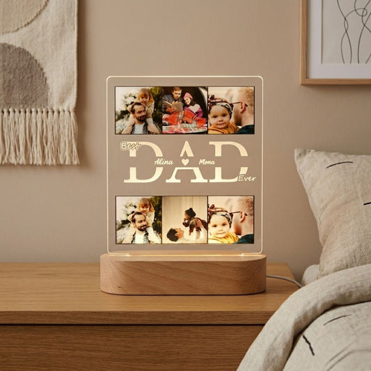 Shayona Gift Shop-Personalized Dad Photo Acrylic LED Lamp with Wooden Base – Customized Best Dad Ever Acrylic Light Plaque Frame for Father's Day, Birthday & Home Decor