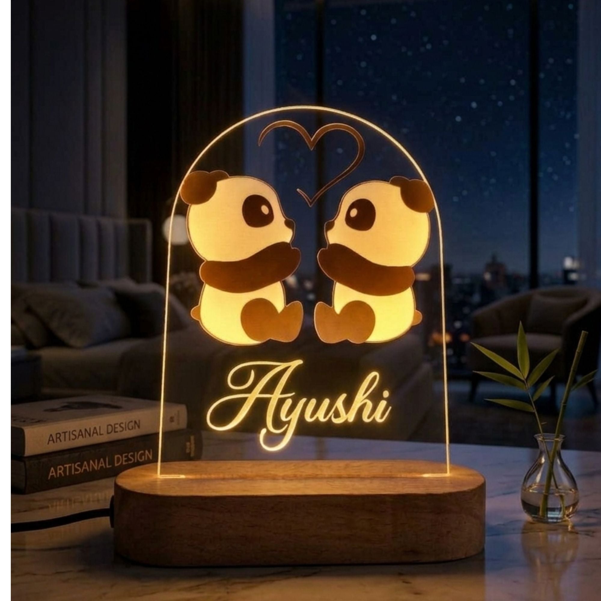 Shayona Gift Shop-Personalized Cute Couple Panda Acrylic LED Night Light - Custom Name Engraved 3D Illusion Lamp, Warm Glow Wooden Base, Aesthetic Bedside Desk Lamp