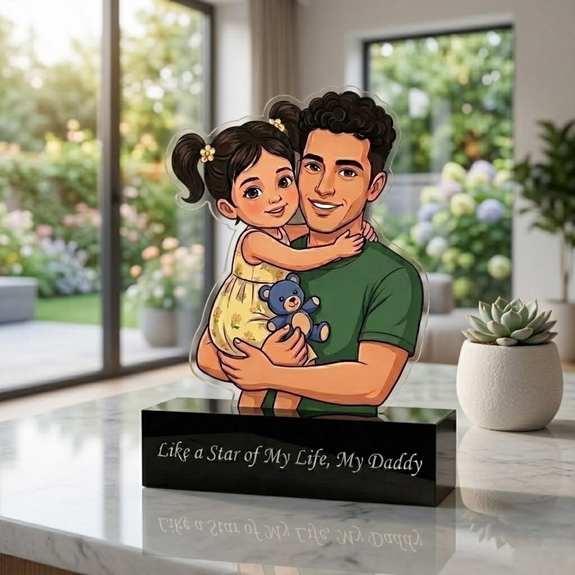 Shayona Gift shop-Personalized Father's Day Gift from Daughter, Custom Cartoon Acrylic Plaque, Unique Dad Birthday Gift, Custom Father and Daughter Portrait Plaque with Black Stand