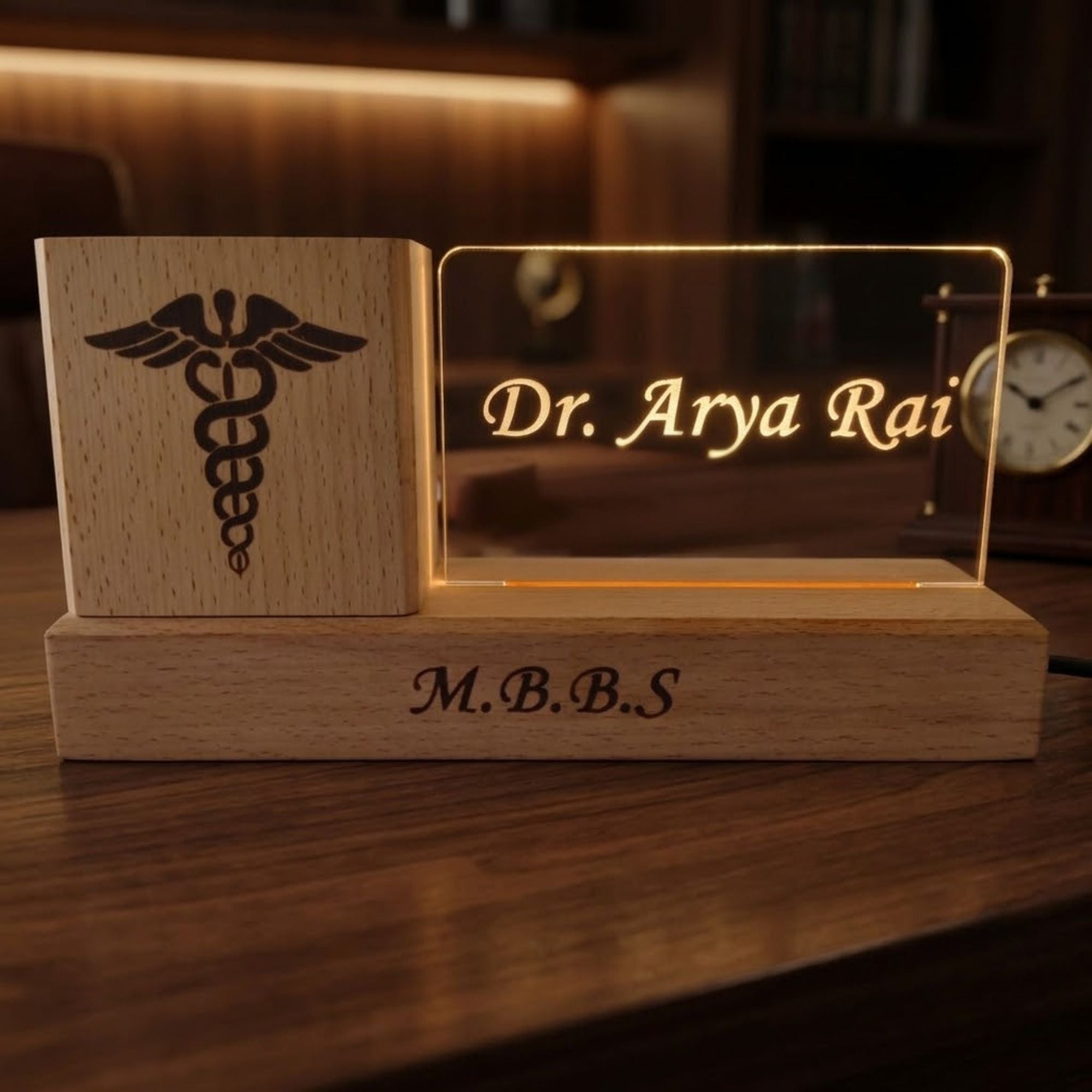 Shayona Gift Shop-Personalized Wooden Desk Organizer with LED Acrylic Doctor Nameplate & Pen Stand