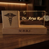 Shayona Gift Shop-Personalized Wooden Desk Organizer with LED Acrylic Doctor Nameplate & Pen Stand
