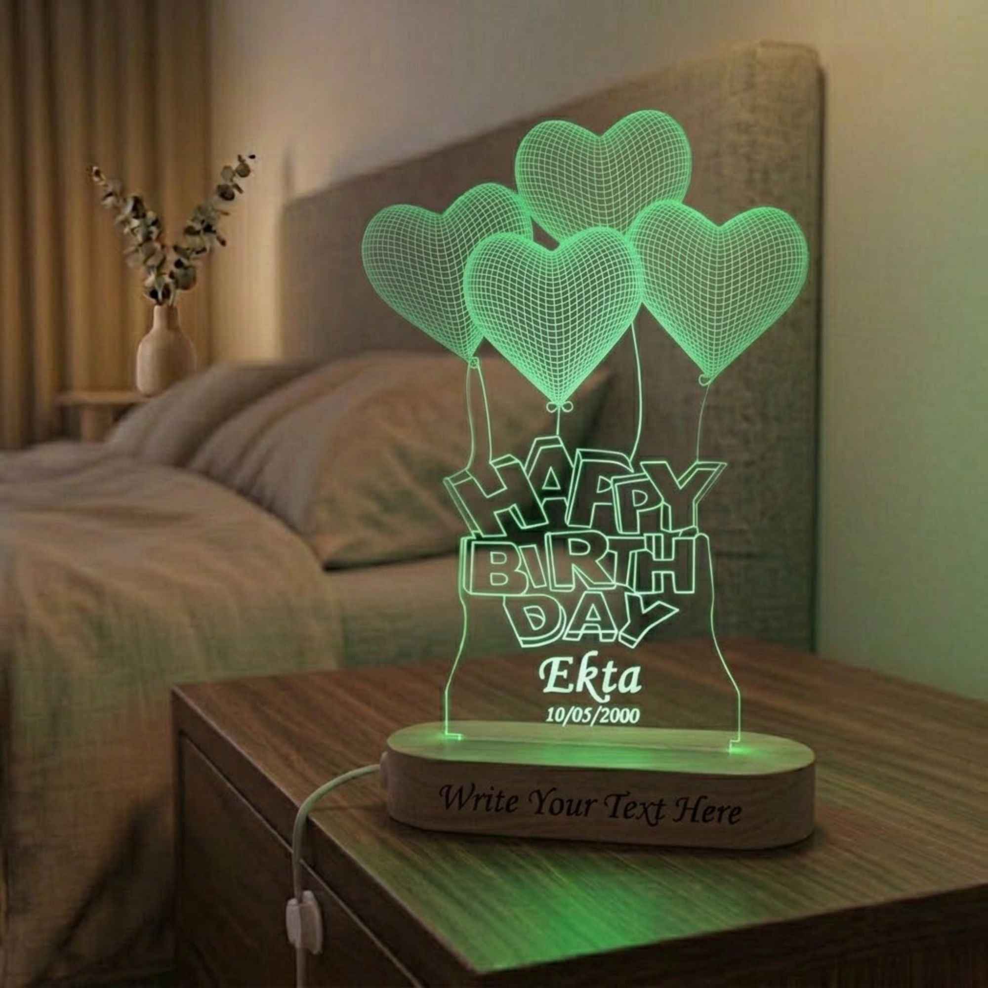 SHAYONA 3D Illusion Table LED lamp | Heart Shape Customized Name Lamp for Birthday,for brother,sister,wife,husband Best Gift for Anyone- Wooden Base muticolor Light. Size : 9x6 inch