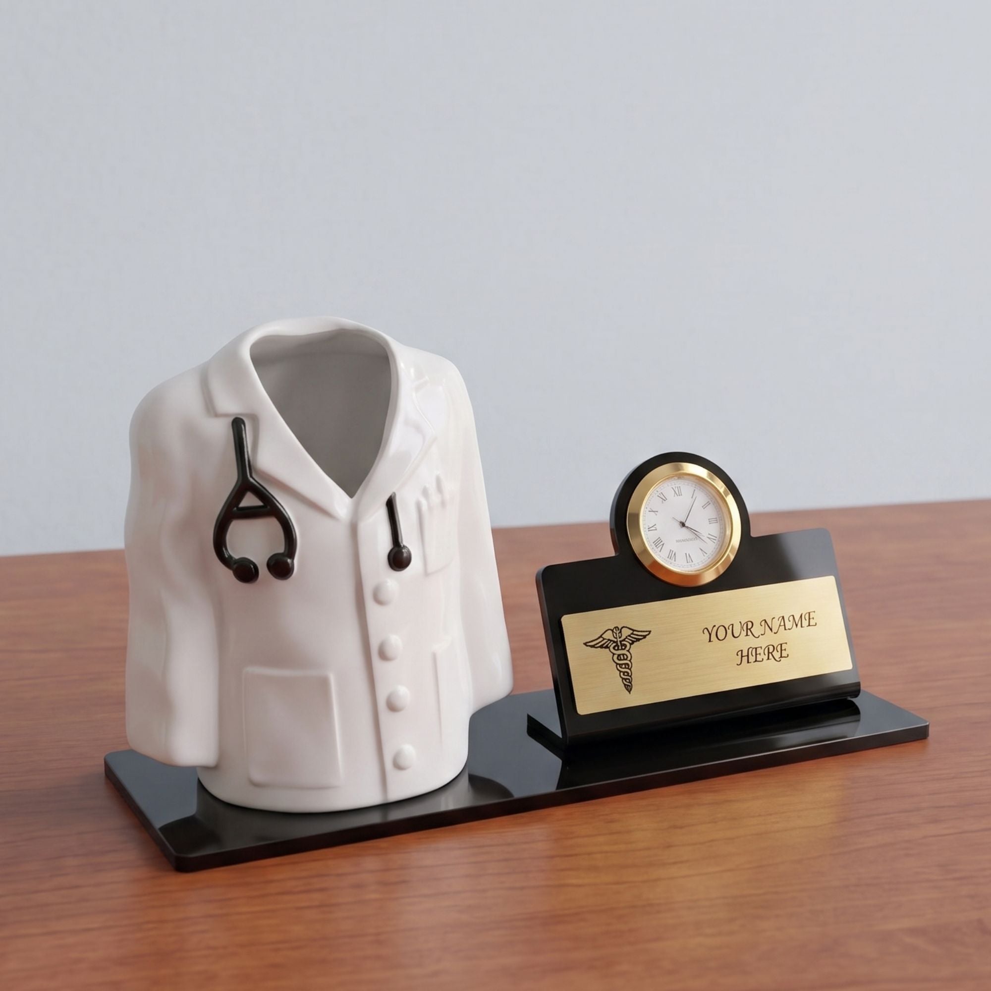 Shayona Gift Shop- Personalized Doctor Desk Name Plate with Clock & Pen Holder Black color | Customizable Medical Office Desk Organizer | Doctor’s Day & Graduation Gift