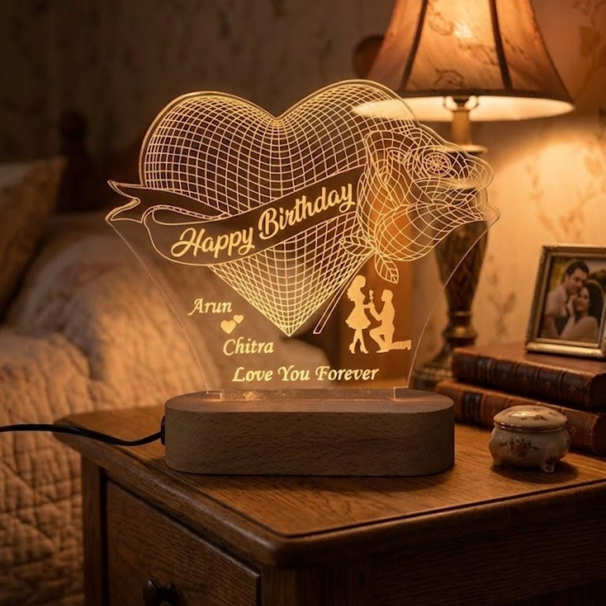 Shayona Gift Shop-Personalized Heart & Rose Birthday Acrylic LED Lamp – Custom Names, Proposal Silhouette & Loving Message Night Light