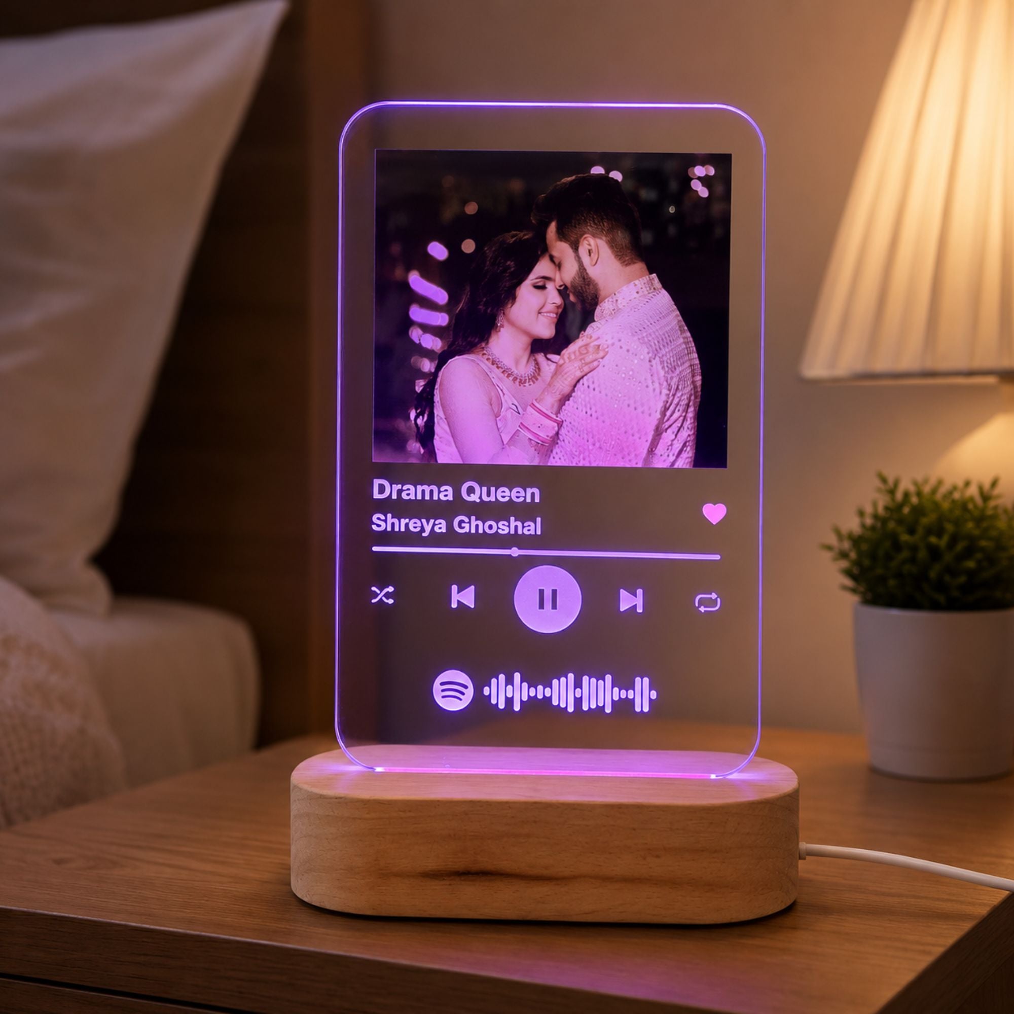 Shayona Gift Shop-Personalized Photo Spotify Plaque Acrylic Night Light with Wooden LED Base – Custom Song Scannable Code Light Frame for Couples, Birthday, Anniversary & Valentine's Gift