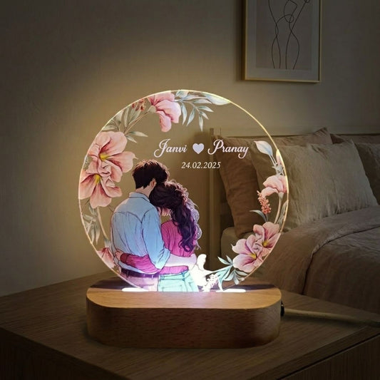 Shayona Gift Shop-Personalized LED Round Acrylic Lamp for Couple | Custom Name & Date | Romantic Gift with Wooden Base