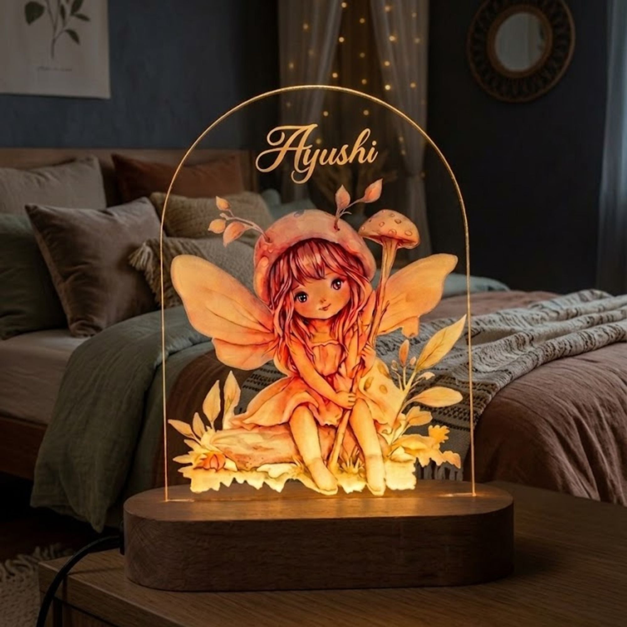 Custom Name Cute Fairy & Mushroom Arch Acrylic LED Lamp with Wooden Base | Personalized 3D Nightlight, Warm Bedside Table Decorative Light for Children’s Room, Unique Birthday Gift