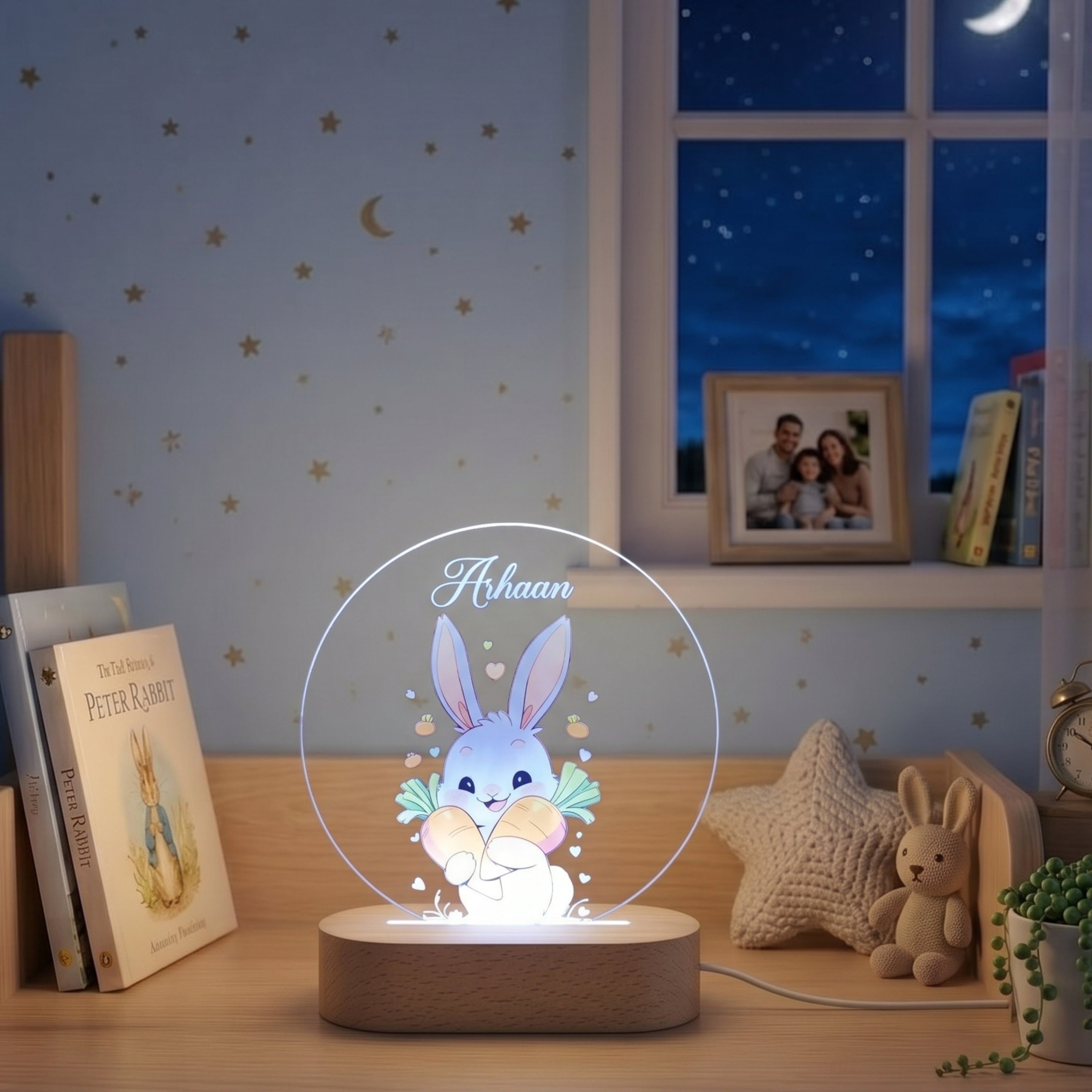 Shayona Gift Shop-Personalized Bunny Night Light for Kids – Custom Name Cute Easter Bunny Acrylic LED Nursery Lamp with Wooden Base, Kids Bedroom Nightstand Decor & Baby Gift