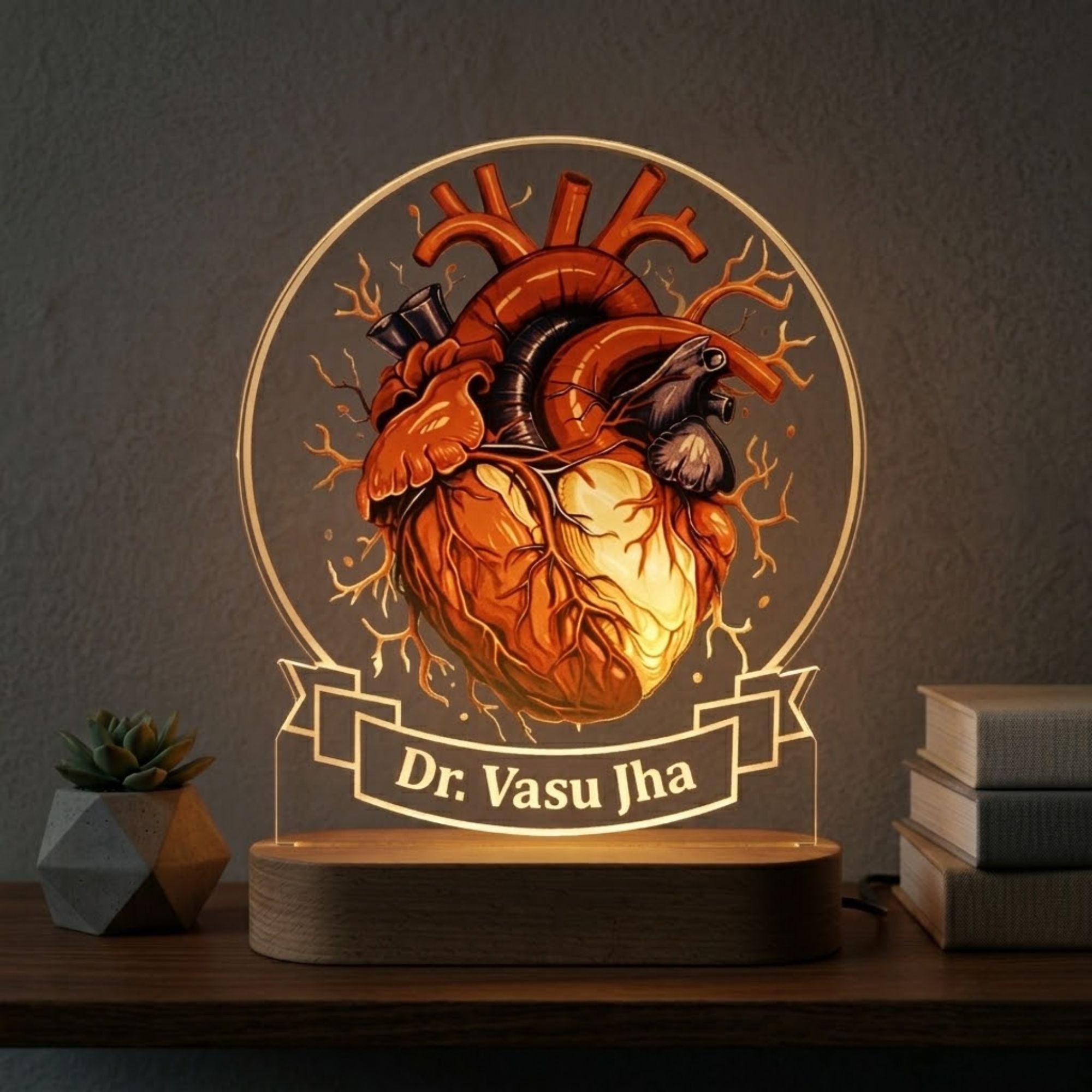 Shayona Gift Shop-Shayona Personalized Anatomical Heart LED Night Lamp | Custom Name Acrylic Lamp with Wooden Base | Gift for Doctors, Cardiologists, Medical Students
