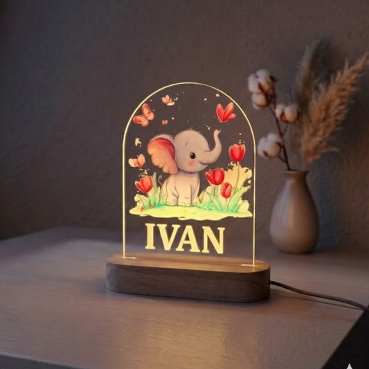 Custom Name Cartoon Elephant Arch Acrylic LED Lamp with Wooden Base | Personalized 3D Nightlight, Warm Bedside Table Decorative Light for Children’s Room, Unique New Born Gift