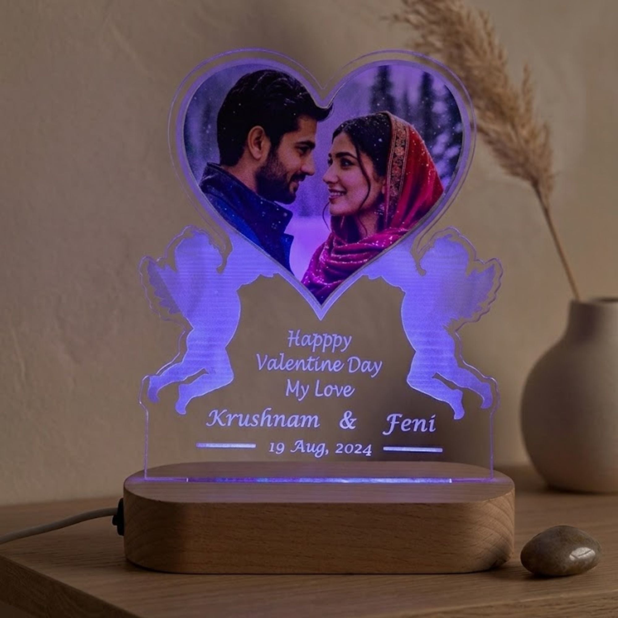 Shayona Gift Shop-Personalized Custom Photo Night Light for Couples – 3D Heart & Angel LED Acrylic Lamp with Wooden Base, Engraved Names, Date & Message, Romantic Bedside Decor Gift for Valentine's Day, Anniversary