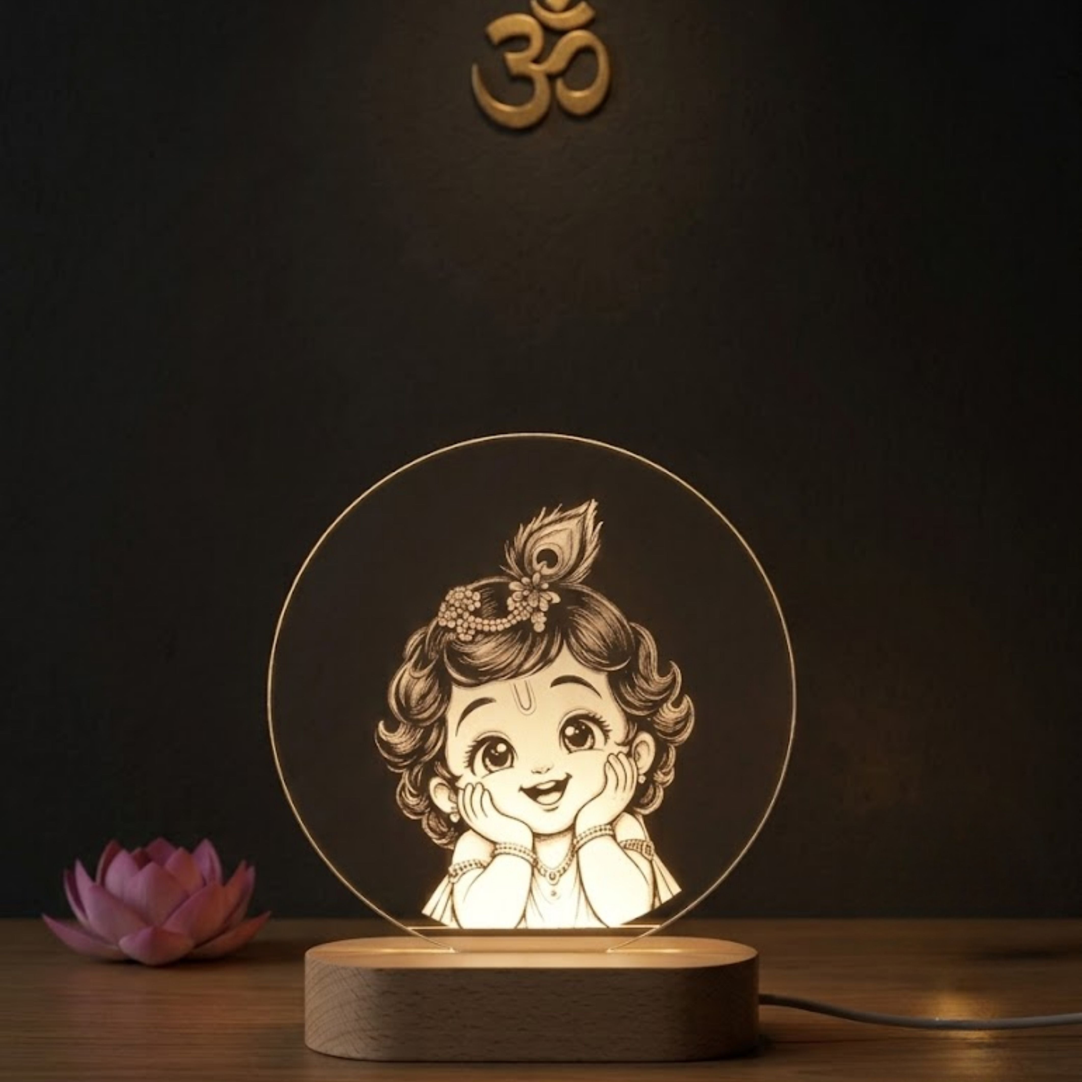 Shayona Gift Shop-Cute Bal Krishna LED Night Lamp with Wooden Base | 3D Acrylic Table Lamp | Spiritual Home Decor & Gift