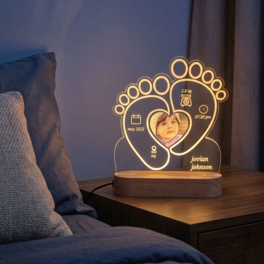 Shayona Gift Shop-Personalized Baby Birth Stats Night Light | Custom Newborn Footprint Acrylic Lamp with Photo | Nursery Decor Gift