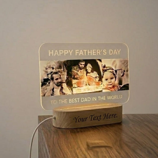 Shayona Gift Shop-Personalized Happy Father's Day Photo Acrylic LED Lamp with Wooden Base – Custom "To The Best Dad In The World" Light Plaque for Father's Day, Birthday & Desk Decor