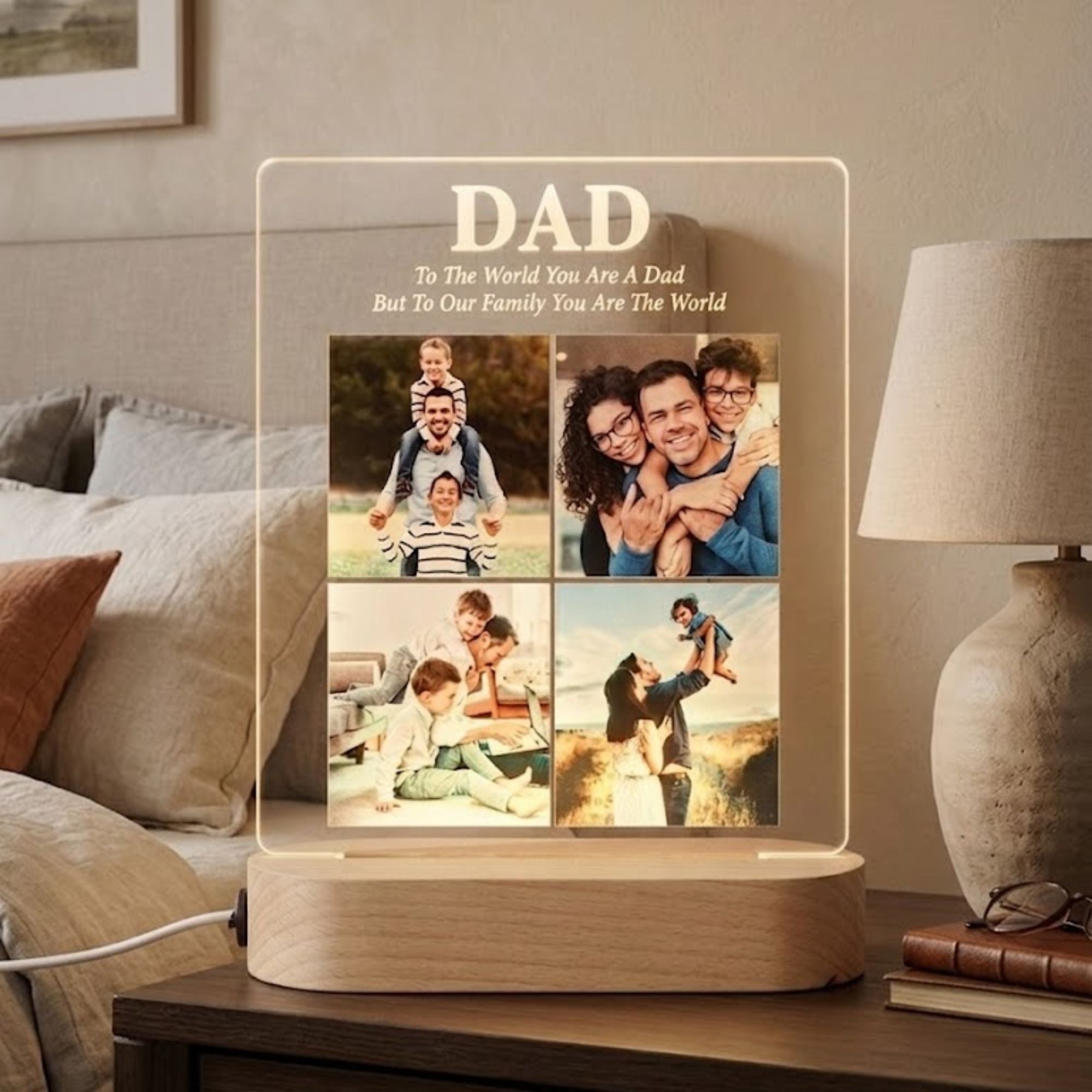 Shayona Gift Shop-Personalized Dad 4-Photo Collage Acrylic LED Night Light | Custom Father's Day Photo Frame Lamp with Wooden Base | Special Birthday & Keepsake Gift for Dad