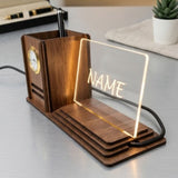 Shayon Gift Shop-Personalized LED Name Plate Desk Organizer with Pen Stand and Analog Clock - Premium Wooden Office Accessory & Corporate Gift