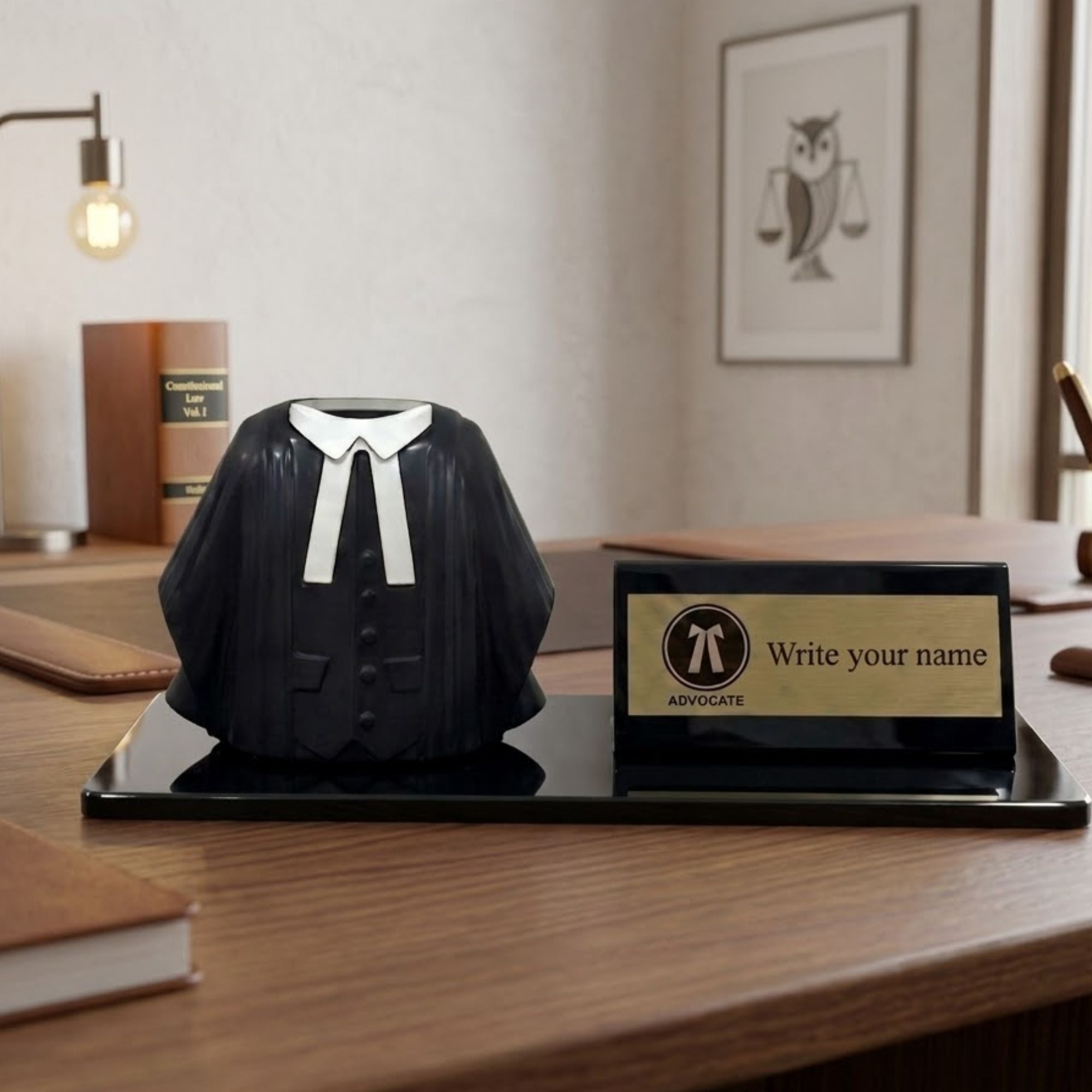 Shayona Gift Shop- Personalized Advocate Desk Name Plate with Lawyer Coat Pen Holder black color | Custom Legal Professional Gift | Advocate Office Desk Organizer