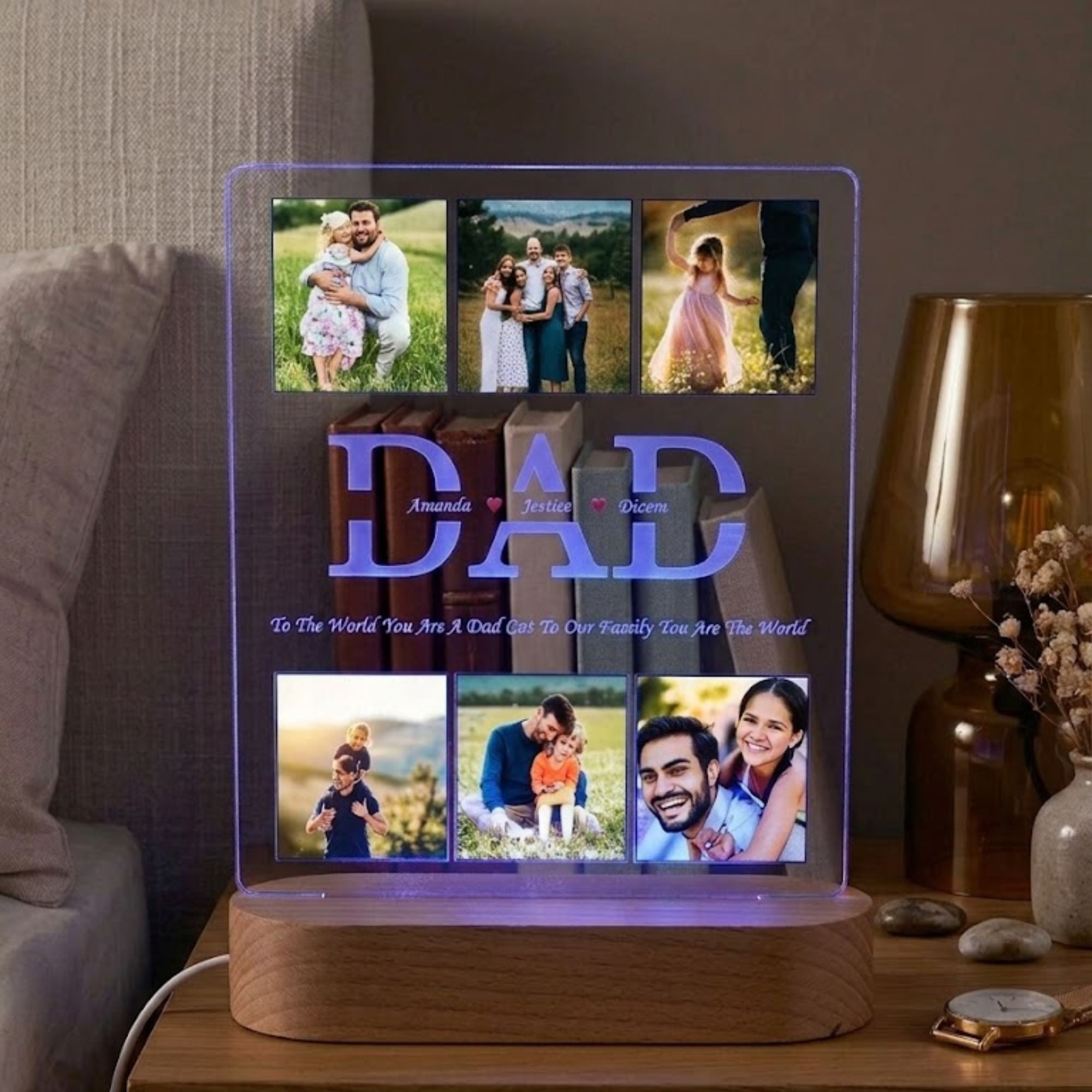 Shayona Gift Shop-Personalized Dad Photo Grid Acrylic LED Night Light | Custom Father's Day Photo Frame Lamp with Children's Names & Wooden Base | Meaningful Gift for Dad & Husband