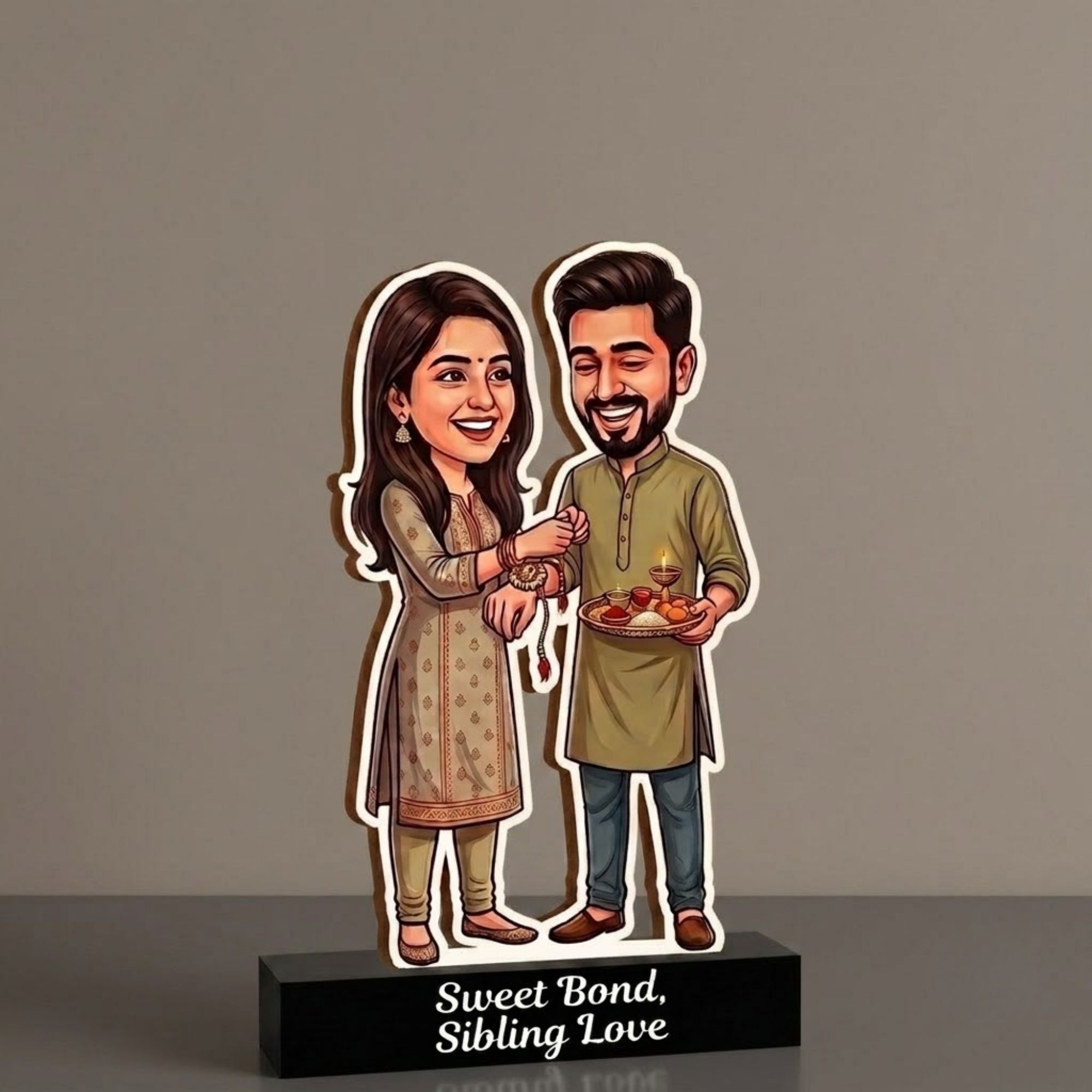 Shayona Gift Shop Personalized Raksha Bandhan Caricature Stand | Brother & Sister Rakhi Gift Tabletop Decor | "Sweet Bond, Sibling Love" Wooden Plaque