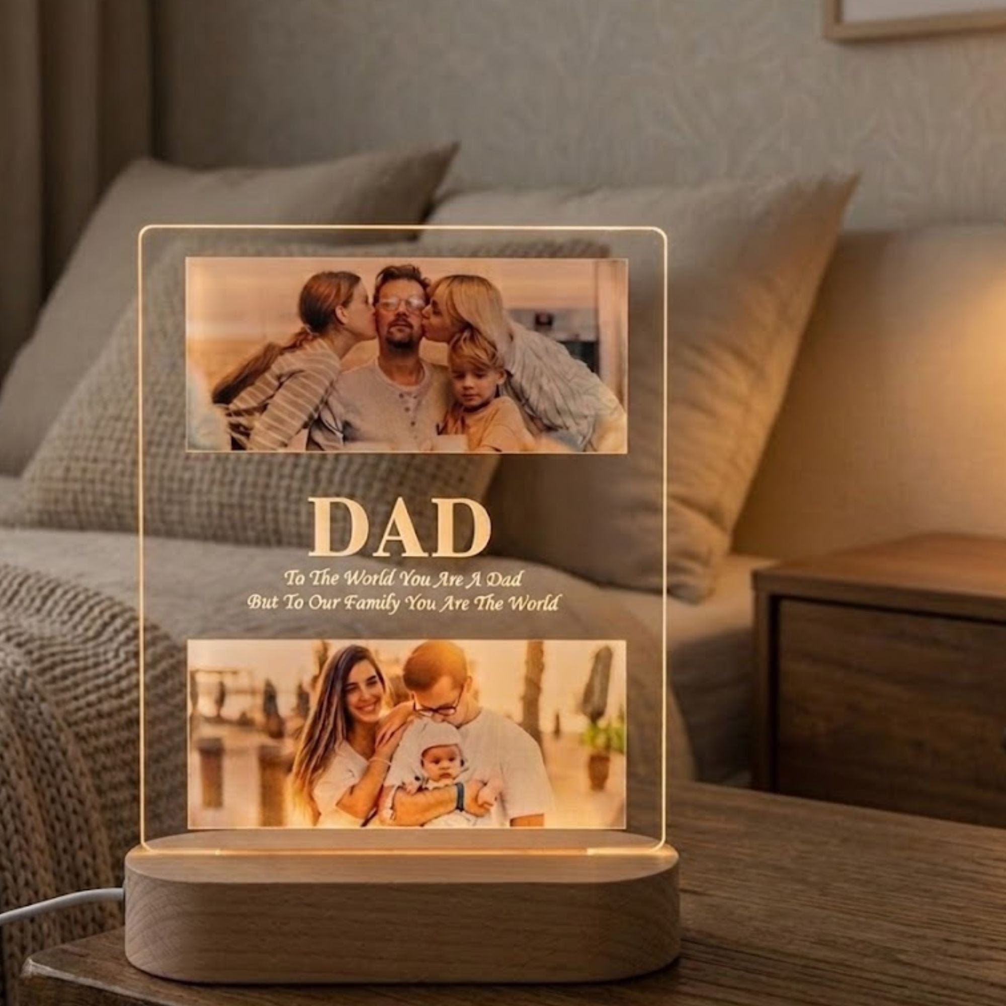 Shayona Gift Shop-Personalized LED Acrylic Photo Frame for Dad | Double Photo | Wooden Base | Warm Light Gift for Father’s Day & Birthday