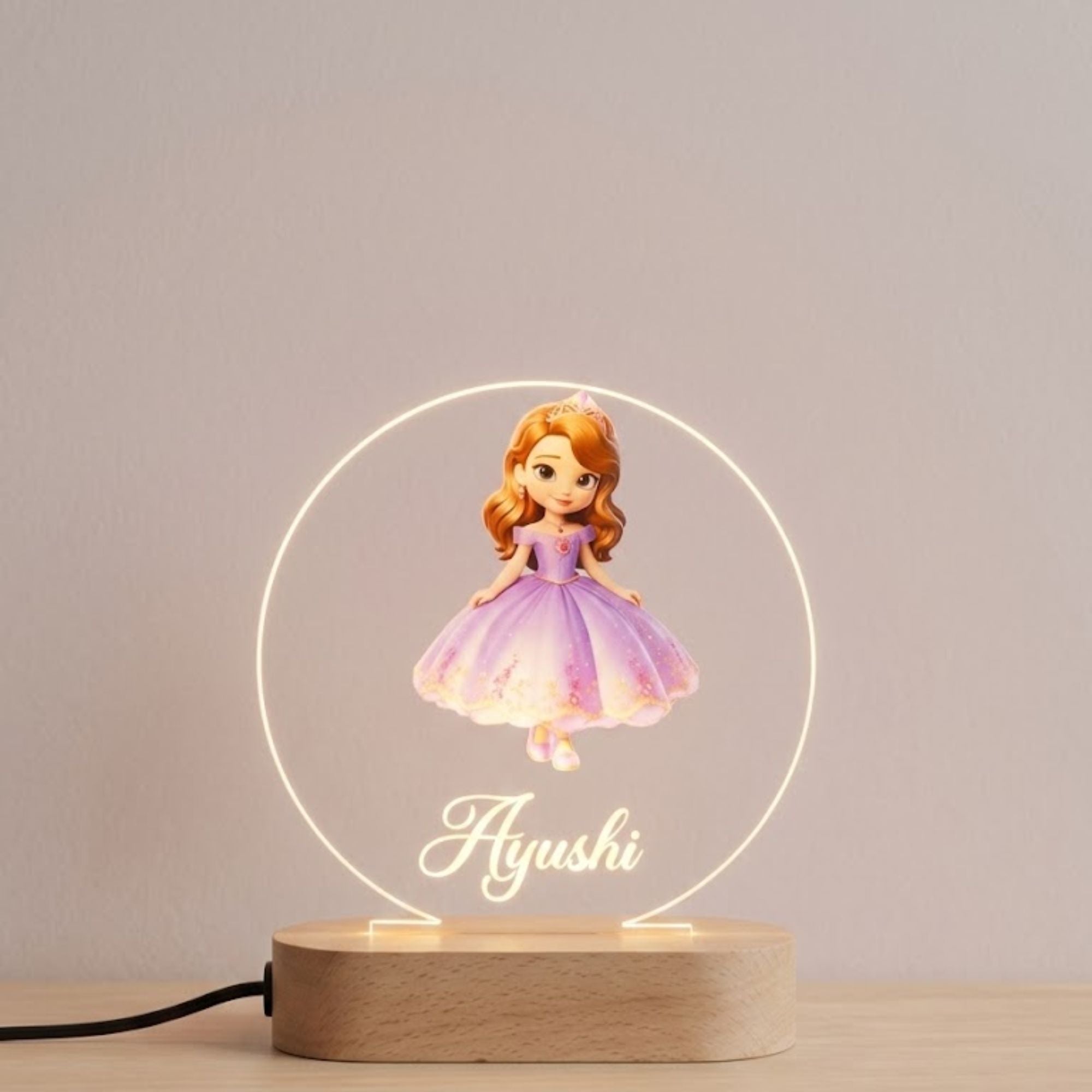 Shayona Gift Shop-Personalized Princess Night Light for Girls – Custom Name 3D LED Acrylic Bedside Lamp with Wooden Base, Warm Glowing Fairy Tale Desk Light for Kids Bedroom, Nursery Decor, Birthday & Baby Shower Gift