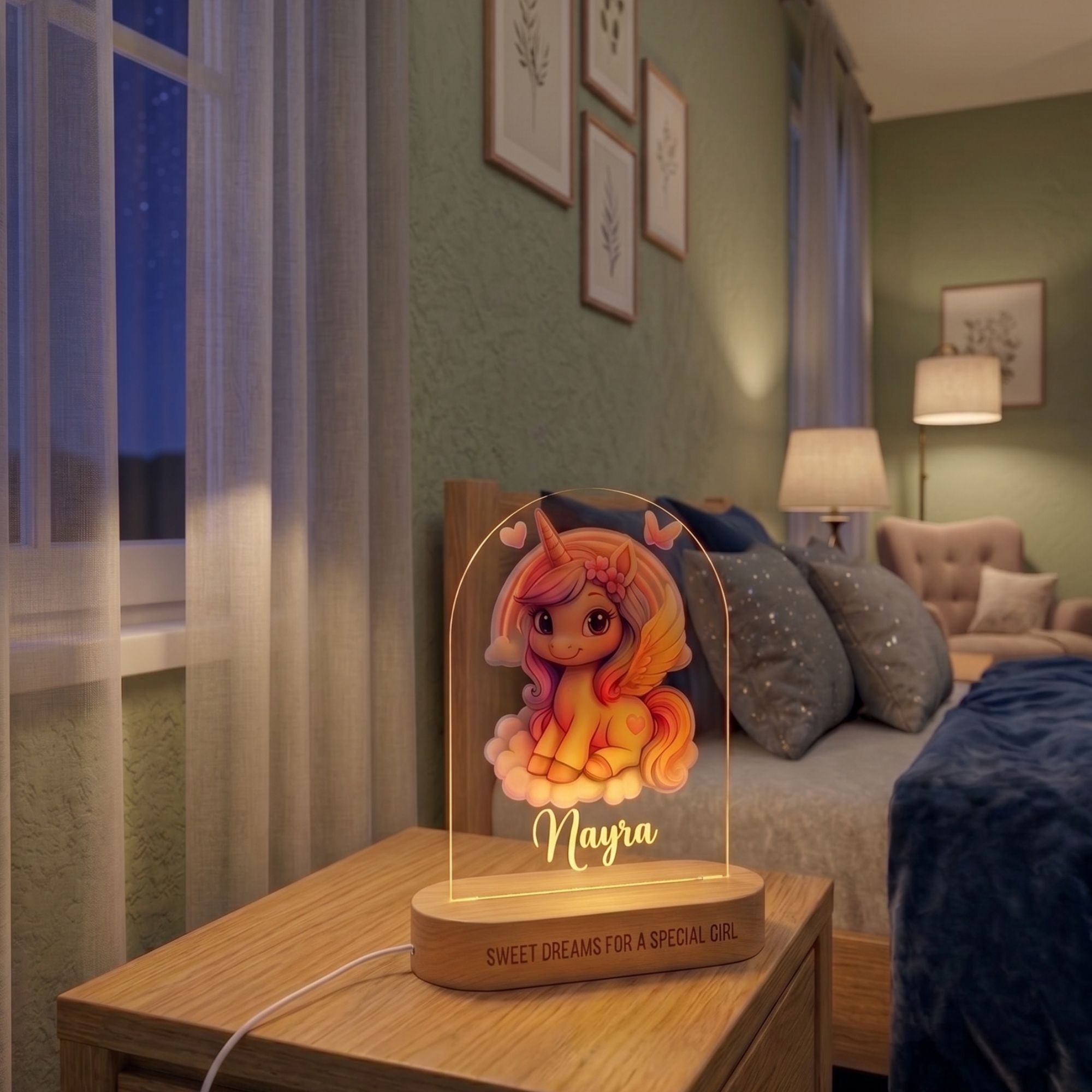 Shayona Goft Shop-Personalized Unicorn LED Night Lamp with Name – Acrylic 3D Illusion Lamp on Wooden Base, Custom Baby Name Light for Kids Bedroom, Nursery Decor, Birthday Gift (Warm Light)