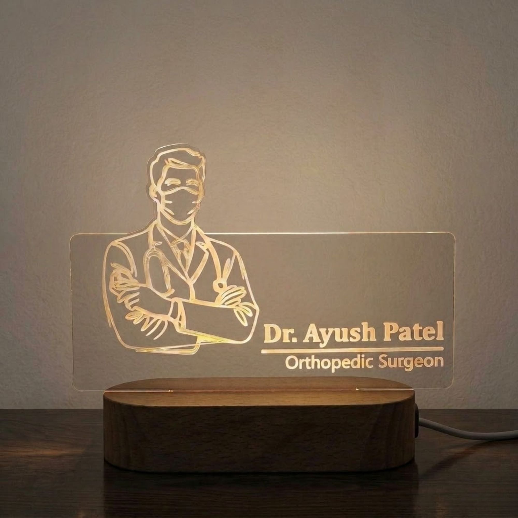 Shayona Gift Shop-Personalized Doctor Line Art Acrylic LED Name Plate Lamp | Custom Doctor Name & Specialization Engraved Desk Light with Wooden Base | Professional Gift for Doctors, Surgeons & Medical Graduates