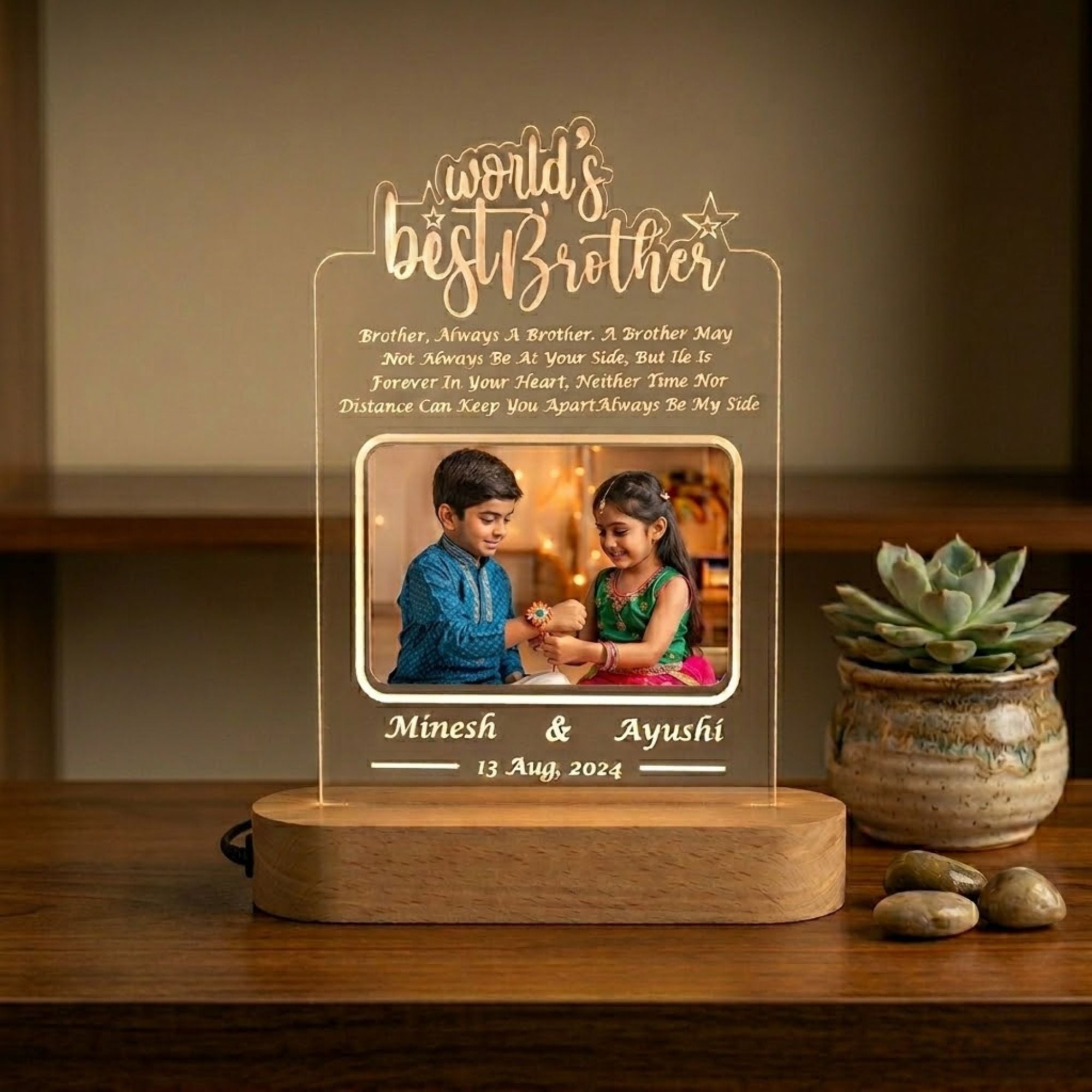 Shayona Gift Shop - World Best Brother Personalized 3D Illusion LED Table Night Lamp Name Date and UV Print Photo Frame | Gift for Brother Birthday, Wedding,Marriage, Night Lamp- Multicolor with Remote