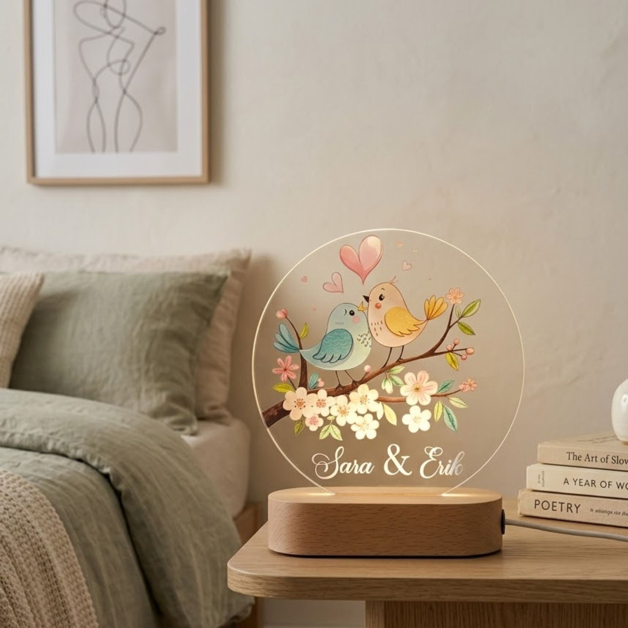 Shayona Gift Shop- Personalized LED Acrylic Night Lamp with Love Birds Design | Custom Names Gift for Couples, Anniversary, Valentine's Day