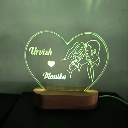 Shayona Gift Shop-Customized Heart Couples 3D Acrylic Night Light – Personalized Engraved Name LED Lamp with Wooden Base for Anniversary, Wedding & Birthday Gift