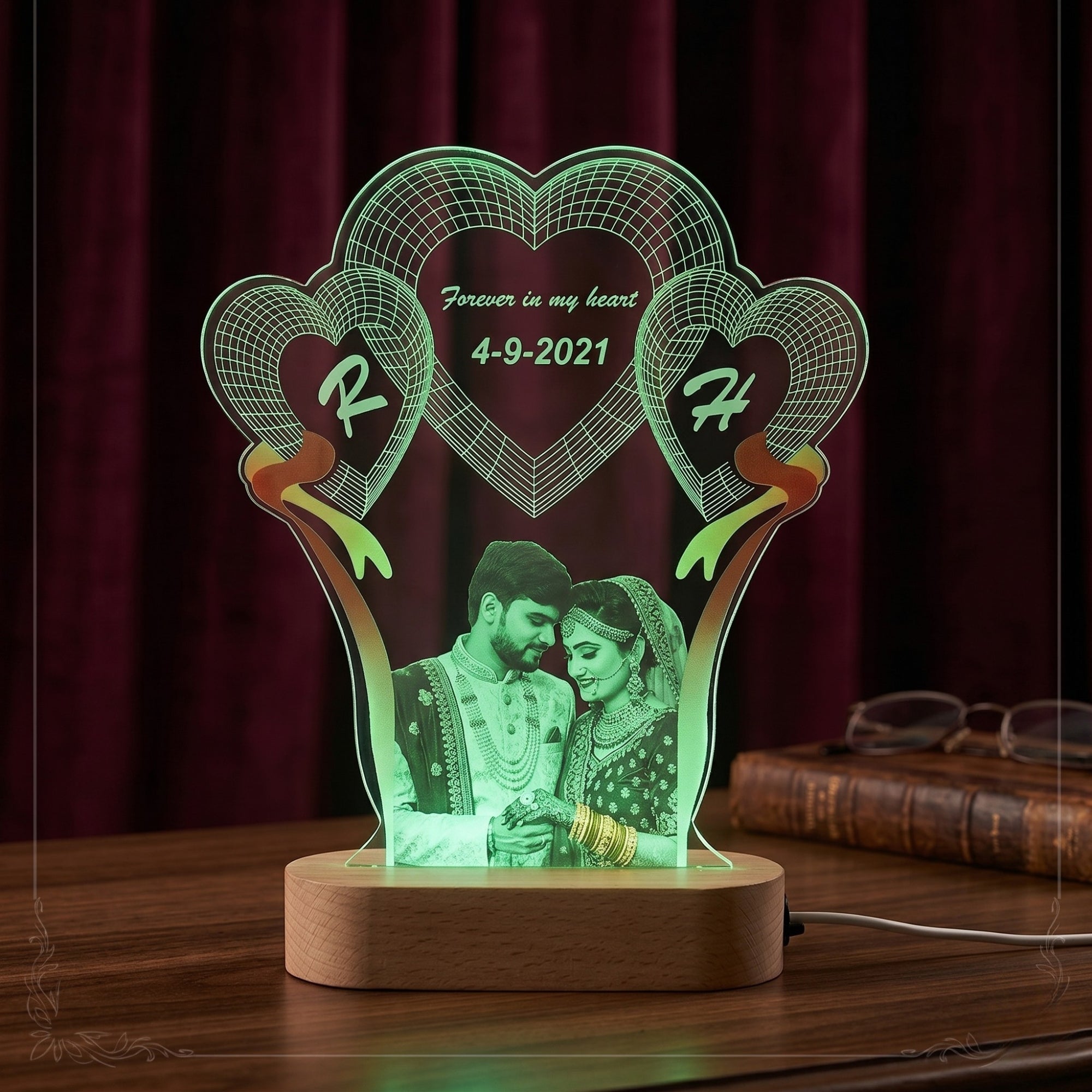 Shayona Gift Shop-Personalized Triple Heart Photo & Initial Acrylic LED Lamp – Custom Couple Photo, Initials, Date & Romantic Quote Night Light