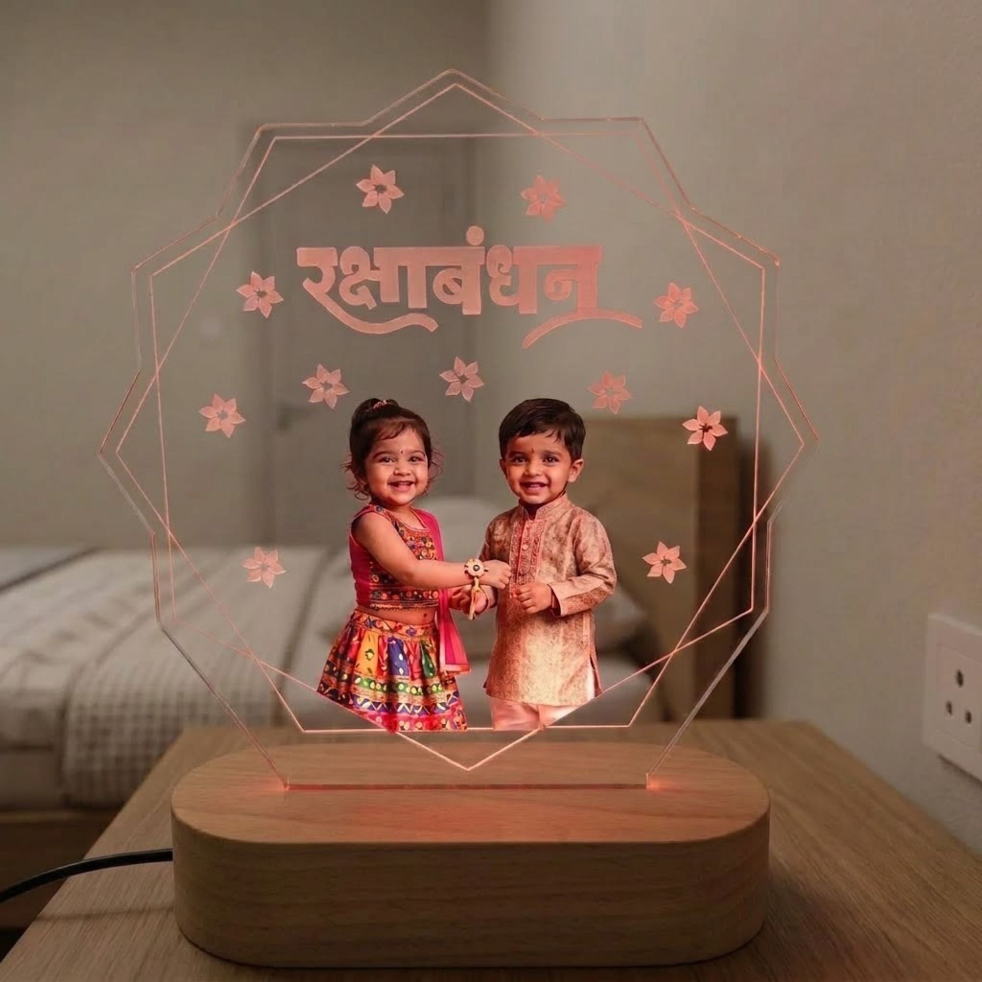 Shayona Gift Shop-Personalized Rakshabandhan Photo Acrylic LED Lamp with Wooden Base – Custom Brother Sister Photo Geometric Light Plaque for Rakhi, Birthday & Keepsake Gift