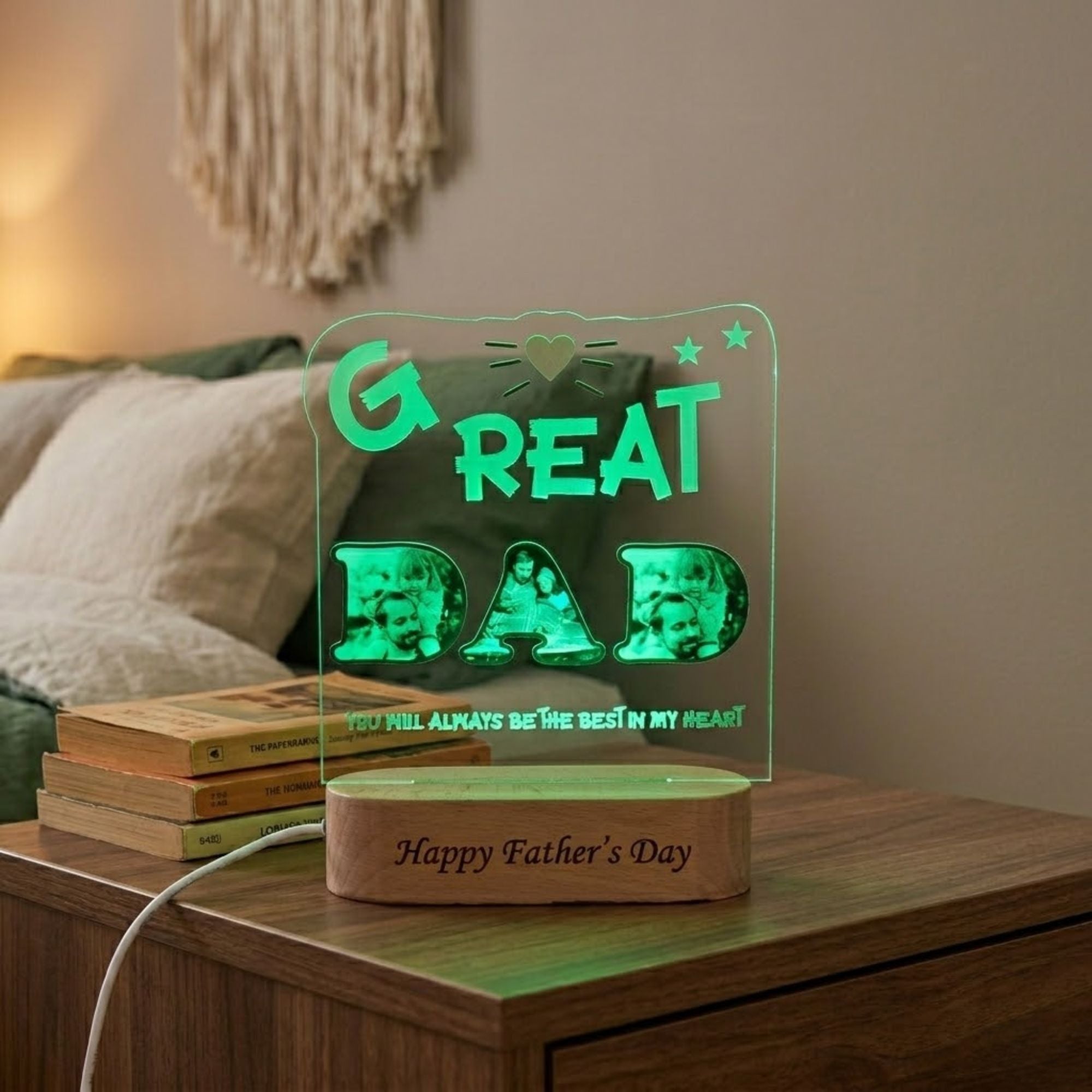Shayona Gift Shop-Personalized Great Dad Photo Lettering Acrylic LED Lamp with Wooden Base – Customized "GREAT DAD" Photo Frame Light Plaque for Father's Day, Birthday & Home Decor